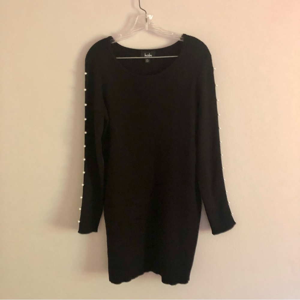 By & By Plus Size Black Pearl Detail Long Sleeve Bodycon Sweater Dress